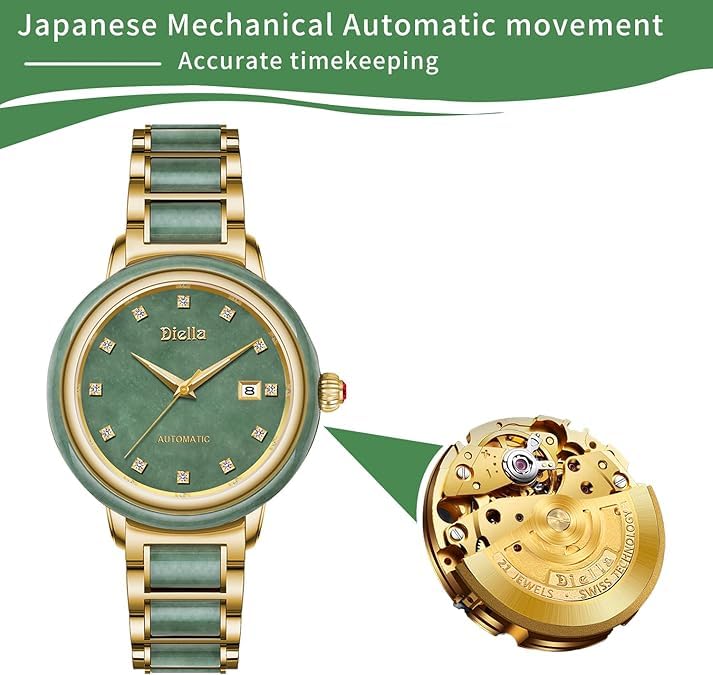 Women's Automatic Watch with Jade and Gold Bracelet
