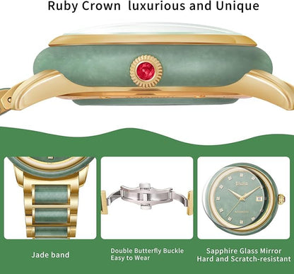Women's Automatic Watch with Jade and Gold Bracelet
