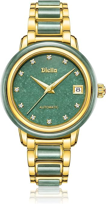 Women's Automatic Watch with Jade and Gold Bracelet