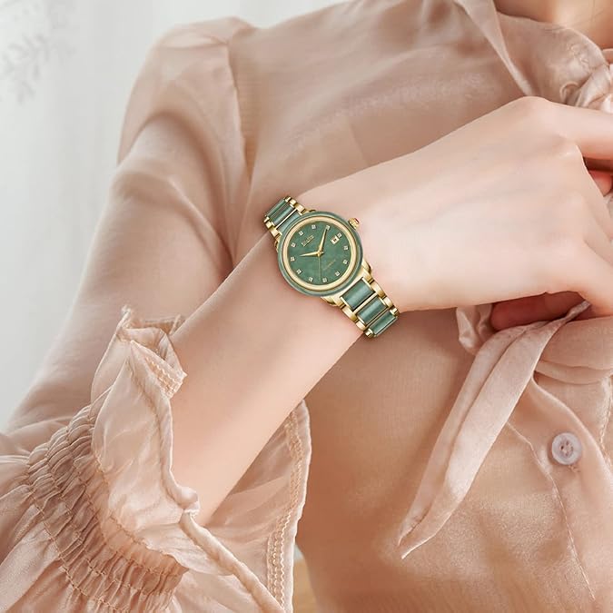 Women's Automatic Watch with Jade and Gold Bracelet
