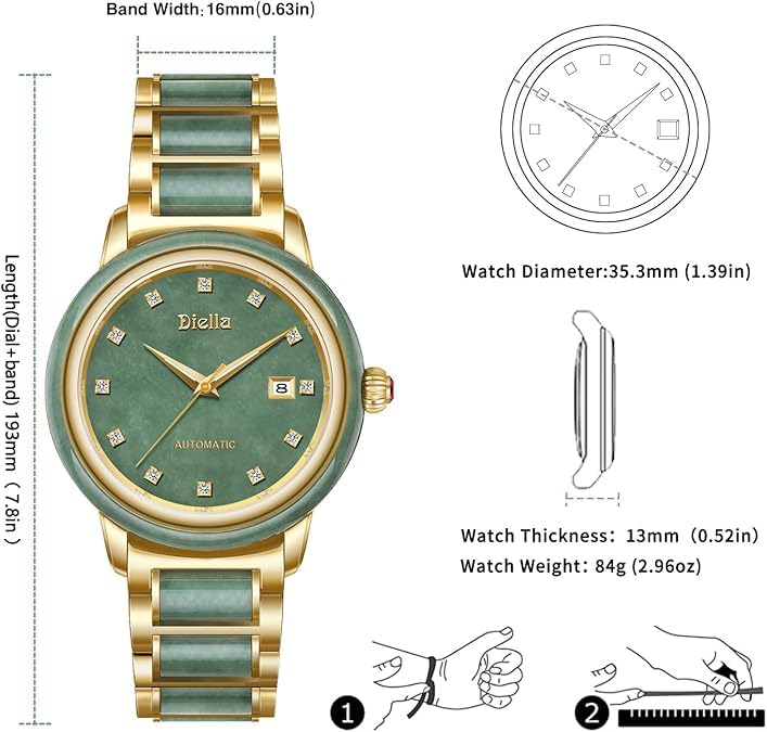 Women's Automatic Watch with Jade and Gold Bracelet