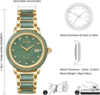 Women's Automatic Watch with Jade and Gold Bracelet