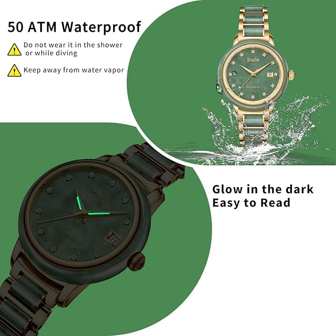 Women's Automatic Watch with Jade and Gold Bracelet