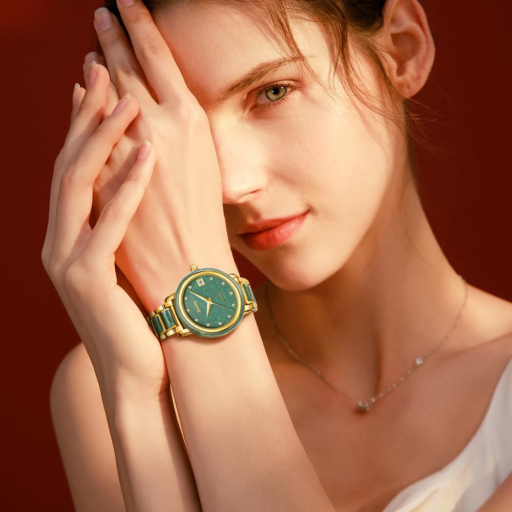 Women's Automatic Watch with Jade and Gold Bracelet