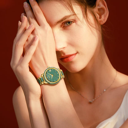 Women's Automatic Watch with Jade and Gold Bracelet